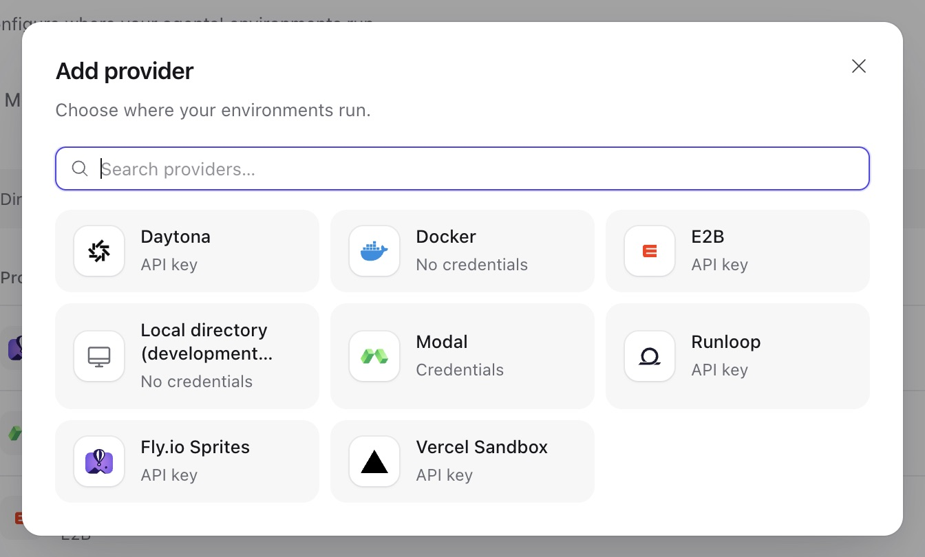 Console sandbox and environment provider catalog