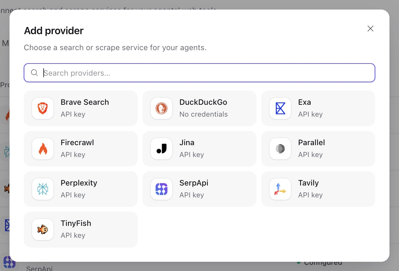 Console search and scrape provider catalog, including TinyFish